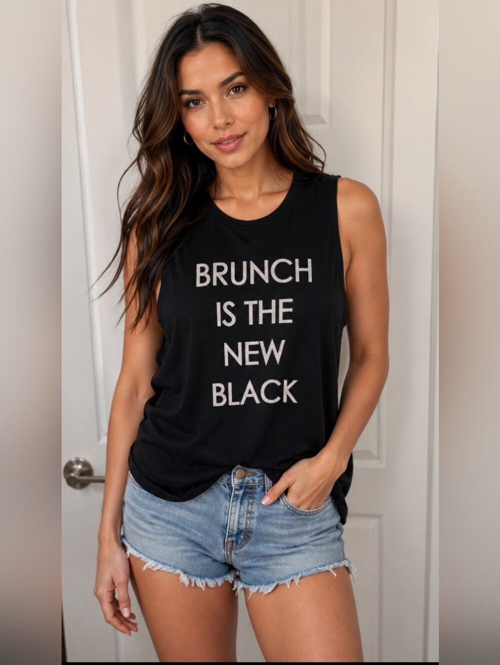 Graphic Muscle Tank "Brunch Is The New Black" - Black with White Text